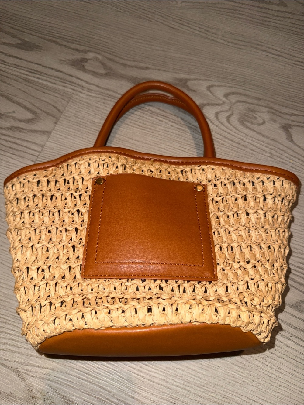 Forever 21 Natural Straw Tote with Tan Faux-Leather Trim mini tote